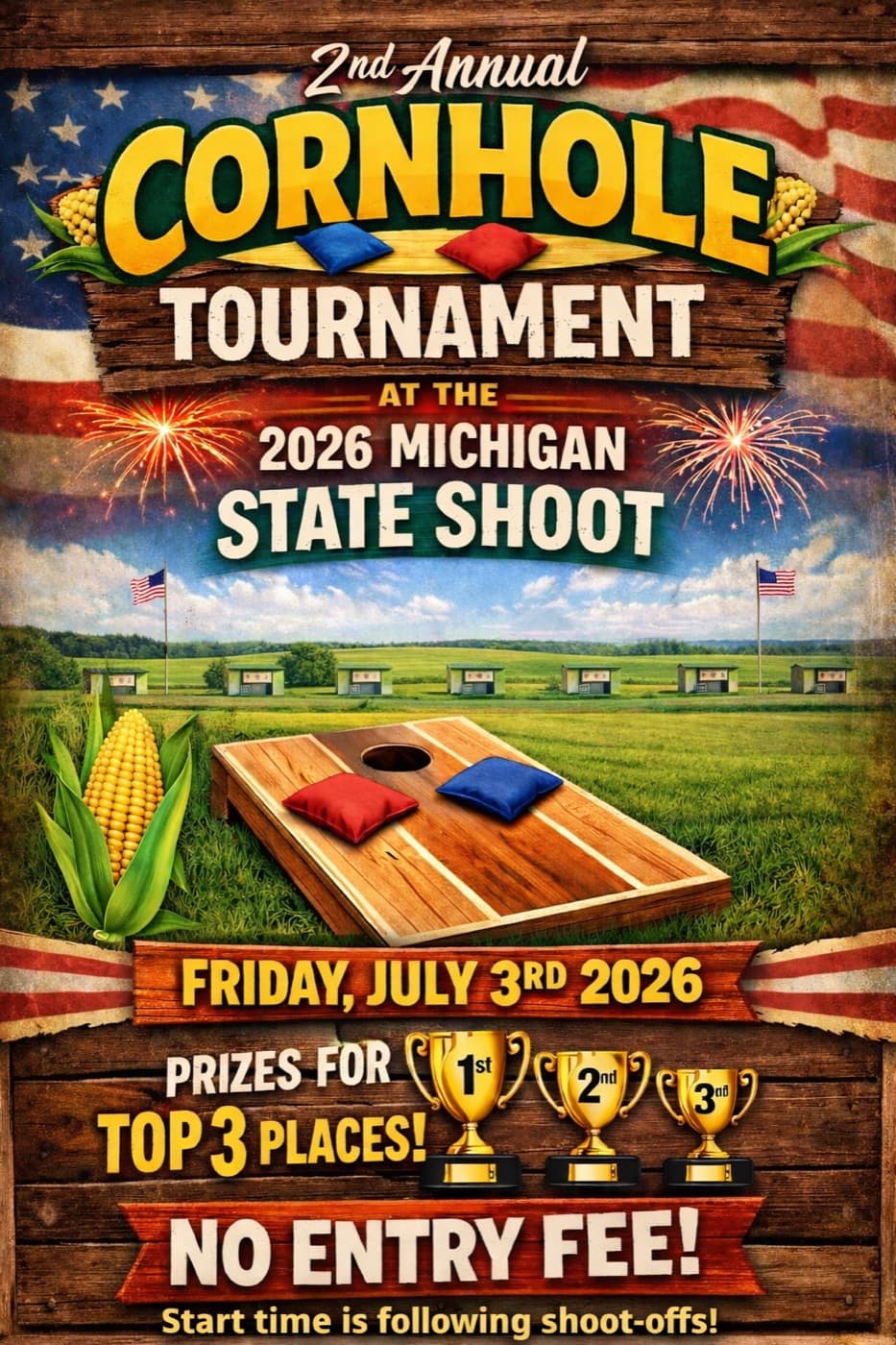 2nd Annual Cornhole Tournament, Friday July 3, no entry fee, prizes for the top 3 places