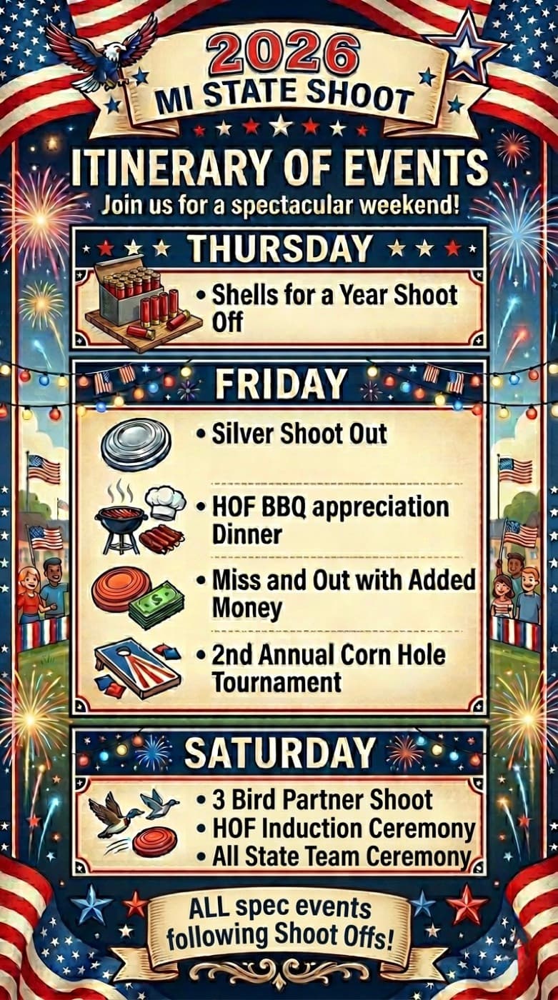 2026 Michigan State Shoot itinerary of special events, Thursday through Saturday, July 2 to 4