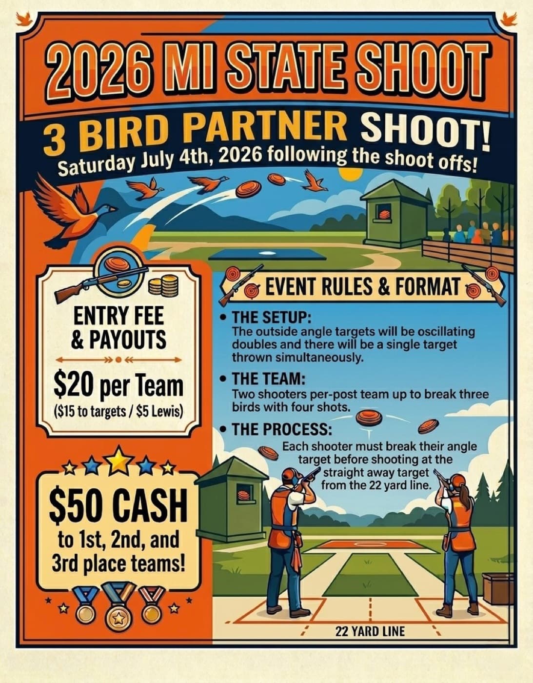 3-Bird Partner Shoot, Saturday July 4, 20 dollars per team, 50 dollars cash to the top 3 teams